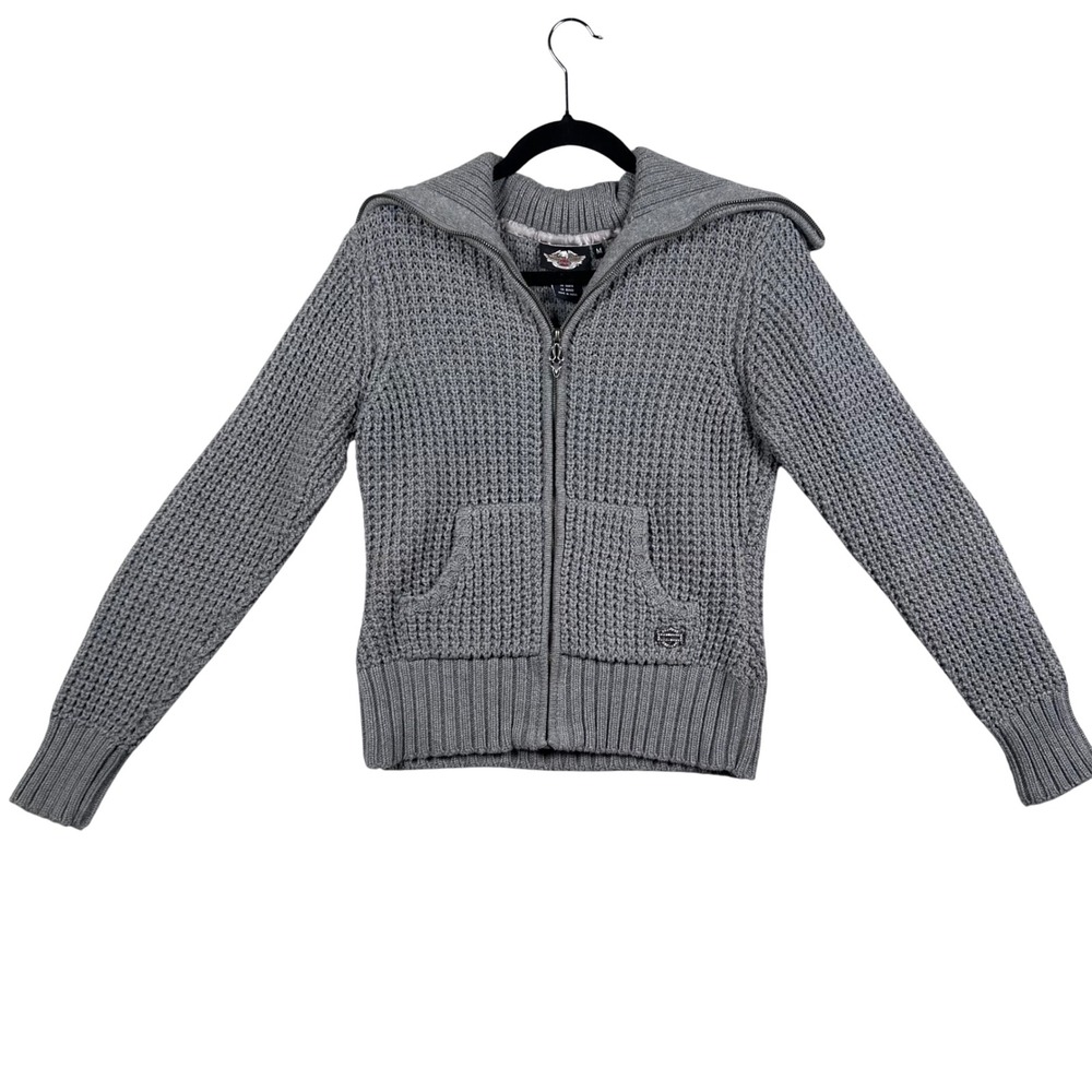 Harley Davidson Womens M Chunky Waffle Knit Zip Cardigan Sweater Gray Rhinestone